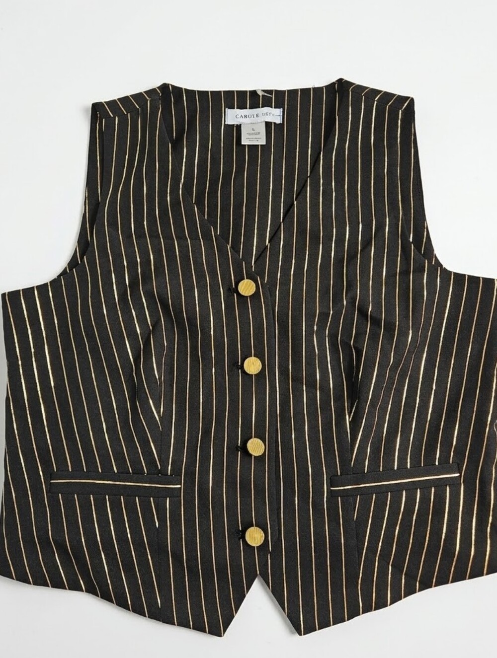 Carole Wren Black & Gold Metallic Pinstripe Button Front Tailored Vest Size L